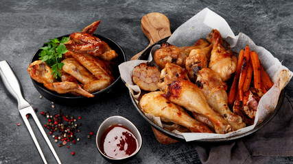 Roasted chicken legs with garlic and sauce on gray background.