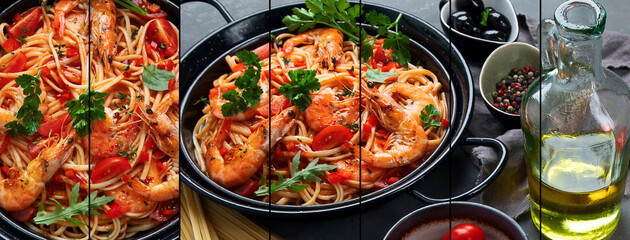 Collage of pasta with shrimps in tomato sauce. Italian cuisine.
