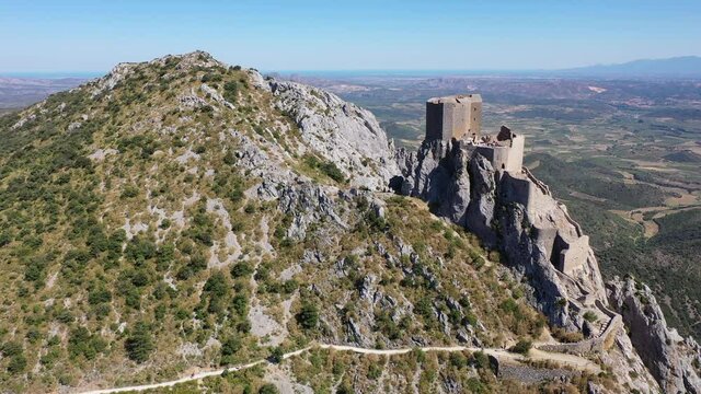 View of medieval Chateau de Queribus castle. Aude department. Languedoc-Roussillon region. France