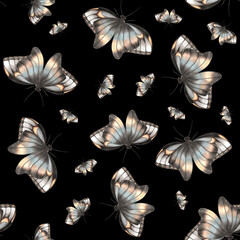 Butterflies of Various Sizes on Black Background. Seamless Pattern with Butterfly.