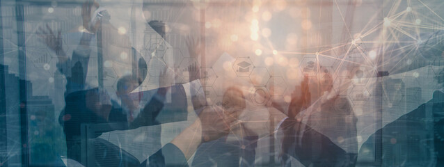 Double exposure-Industry investment,telecommunication business concept,businesspeople team join handshake,negotiate mergers and acquisitions,urban cityscape and skyscrapers,visible wireless network