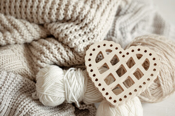 Close-up of yarn in pastel colors and decorative heart.
