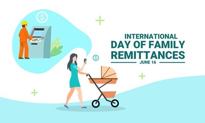 Vector illustration of migrant worker transferring money to family, as a banner or poster, International Day of Family Remittances (IDFR).