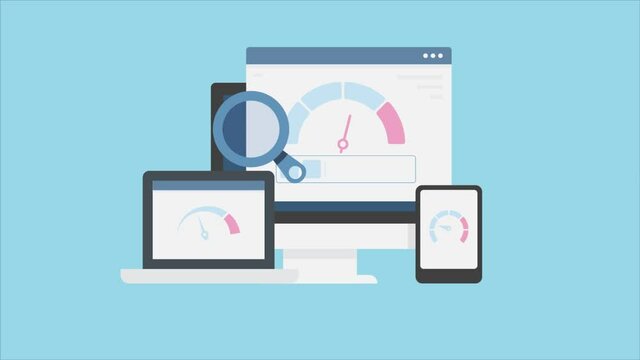 SEO concept. Website performance testing and monitoring, responsive technology, page loading speed meter. 2d animation 4k video clip.