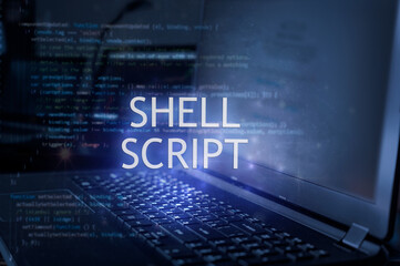 Shell script inscription against laptop and code background. Technology concept. Learn programming...