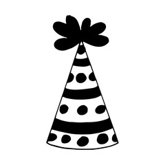party hat with circles and stripes. hand drawn doodle style. vector, minimalism, monochrome. festive funny.