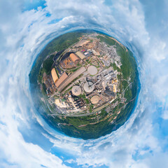 Little planet 360 degree sphere. Panorama of aerial view of coal Power Plant with smoke and toxic...