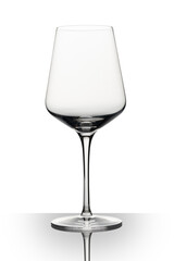 White wine glass on white background with a gradient reflection on white plexiglass.