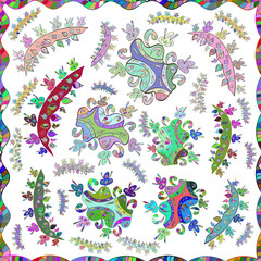 Seamless pattern with interesting doodles on colorfil background. Raster illustration.