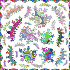 Seamless pattern with interesting doodles on colorfil background. Raster illustration.