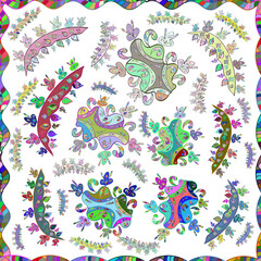 Seamless pattern with interesting doodles on colorfil background. Raster illustration.
