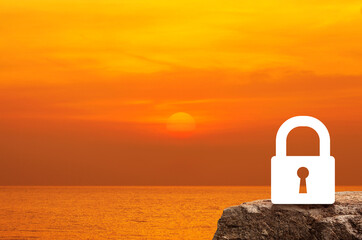 Key flat icon on rock mountain over sunset sky and sea, Business security concept
