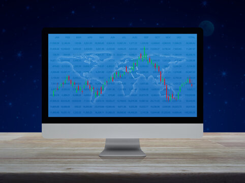 Trading graph of stock market with world map and graph on modern computer monitor screen on wooden table over fantasy night sky and moon, Business investment online concept, Elements of this image fur