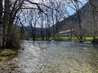 The course of the river Orbe between the cave or spring and the settlement of Vallorbe (der Fluss...