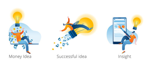 A young man flies on a light bulb-thoughts, as on a rocket. The young man came up with a brilliant idea that brings money. Set of vector illustrations of a successful idea.