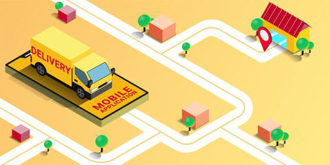 Mobile Phone fast delivery service by Truck on smartphone application deliver from store to home E-commerce concept Online food boxes package Digital Online Shop Global logistic Truck Isometric vector