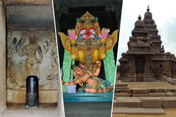 Vertical photo collage of hindu statues and temple in India, Tamil nadu