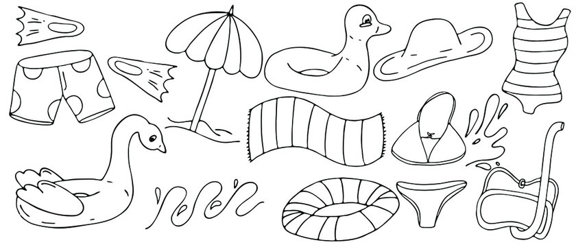 set of summer items - tree, swimsuit, inflatable circle, vector set of doodle elements, coloring, black outline
