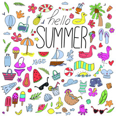 hello summer, set of summer items - tree, swimsuit, inflatable circle, vector set of colored doodle elements with black outline