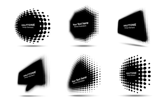 Halftone circle dots perspective logo emblem design element for technology, medical, treatment, cosmetic. Set half tone frame banners. Vector illustration.