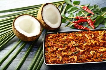 Dry fish chutney, coconut, shrimp, prawns, Kerala seafood recipes.