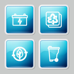 Set line Car battery, Recycle, and leaf and Trash can icon. Vector