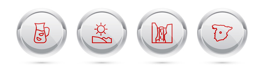 Set line Sangria, Beach, Algar waterfall and Map of Spain. Silver circle button. Vector