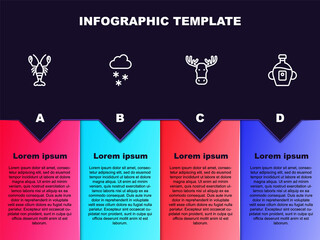 Set line Lobster, Cloud with snow, Moose head horns and Maple syrup. Business infographic template. Vector