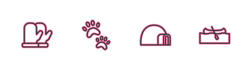 Set line Christmas mitten, Igloo ice house, Paw print and Kayak or canoe icon. Vector