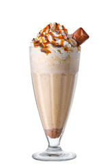 Milkshake with whipped cream and chocolate bar isolated on white