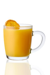 Glass of warm orange tea isolated on white