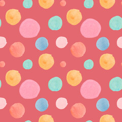 Watercolor seamless pattern in on-trend color with circles and shapes.Kids sun texture on red isolated hand painted background.Designs for nursery rooms,wallpapers,textiles,t-shirts,scarves.