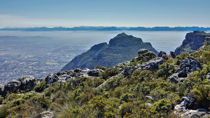 Table Mountain top landscape in Cape Town. Among the gray boulders, a green fynbos shrub grows. The city below is hiding in a haze. Clouds on the horizon. South Africa
