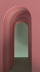 Door to the future. Arch inside pink wall. 3d illustration