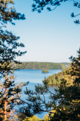 Scenic view with lake at summer in Nummela, Finland. Classic Finnish landscape