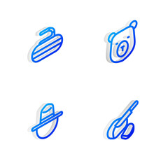 Set Isometric line Bear head, Stone for curling, Canadian ranger hat and Peameal bacon icon. Vector