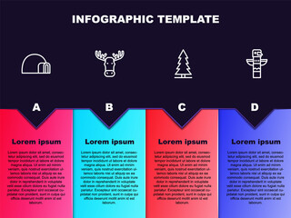 Set line Igloo ice house, Moose head with horns, Canadian spruce and totem pole. Business infographic template. Vector