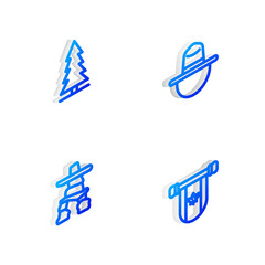 Set Isometric line Canadian ranger hat, spruce, Inukshuk and Pennant Canada icon. Vector