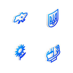 Set Isometric line Ukrainian trident, Map of Ukraine, Sunflower and Monument to founders Kiev icon. Vector