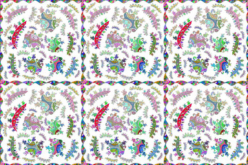 Seamless pattern with interesting doodles on colorfil background. Pano. Raster illustration.