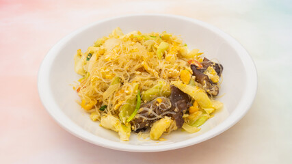 Stir-Fried Vermicelli, Thai Asian food made from Vermicelli, mushrooms, lettuce, and eggs