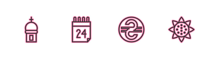 Set line Church tower, Ukrainian hryvnia, Independence day of Ukraine and Sunflower icon. Vector