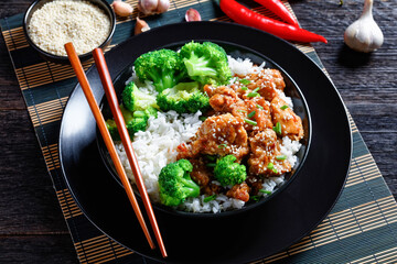 General Tso’s Chicken with rice in a bowl