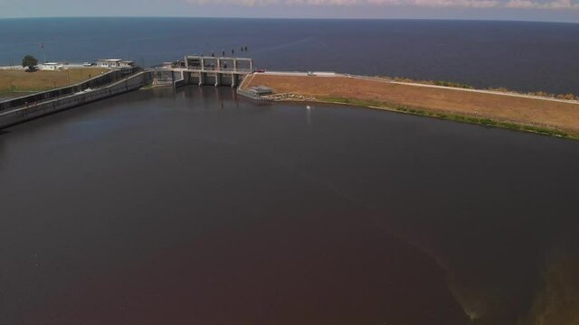Lake Okeechobee and Port Mayaca Locks and Dam. Aerial view.