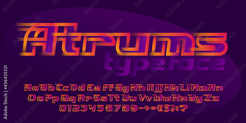 Fototapete atrums alphabet font. high speed effect letters, numbers and symbols. uppercase and lowercase. stock