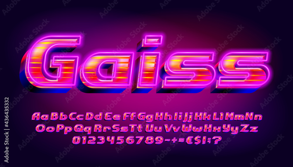 Poster gaiss alphabet font. 3d effect glowing letters, numbers and punctuations. uppercase and lowercase. r