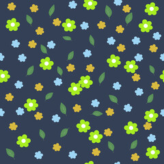 seamless floral pattern with green and blue color flowers vector drawing, dark blue background