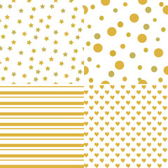 Set of seamless patterns with gold yellow and white colors vector background, polka dots, striped, stars and hearts patterns