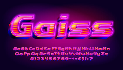 Gaiss alphabet font. 3D effect glowing letters, numbers and punctuations. Uppercase and lowercase. Retro-futuristic vector typescript for your typography design.