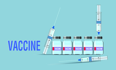 Vector vaccine bottle and syringe on blue background